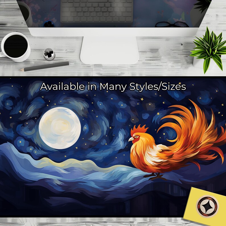 May include: A rooster with orange and yellow feathers stands on a blue and white landscape with a full moon and stars. The text "Available in Many Styles/Sizes" is at the top of the image.