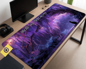 Oversized Mouse Pad - Wisteria Midnight Grove Desk Mat - Enchanted Purple Forest Gaming Mouse Pad with Black Cat Silhouette