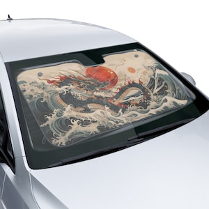 Car Sun Shade, Japan Car Decor, Dragon Car Accessory, Windhield Shade, UV Protector for Cars, Trucks, SUVs, RVs - Car Heat Protector