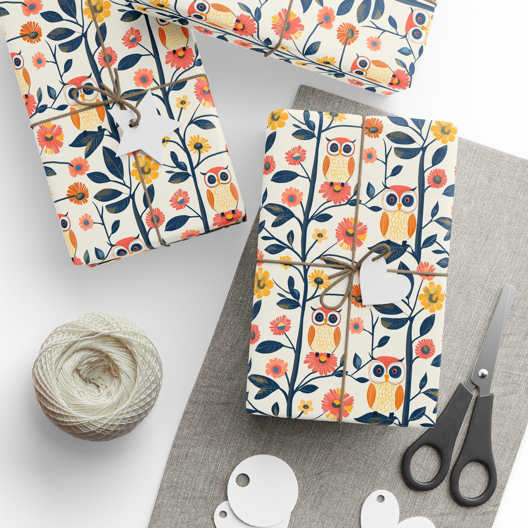 Cute and Whimsical Owls and Flowers Wrapping Paper - Gift Wrap for Kids Birthday and Other Party Gif