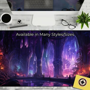 May include: A fantasy-themed mousepad with a purple and blue color scheme. The image depicts a glowing, crystal-filled cavern with trees and a pool of water. The text "Available in Many Styles/Sizes" is at the top of the image.