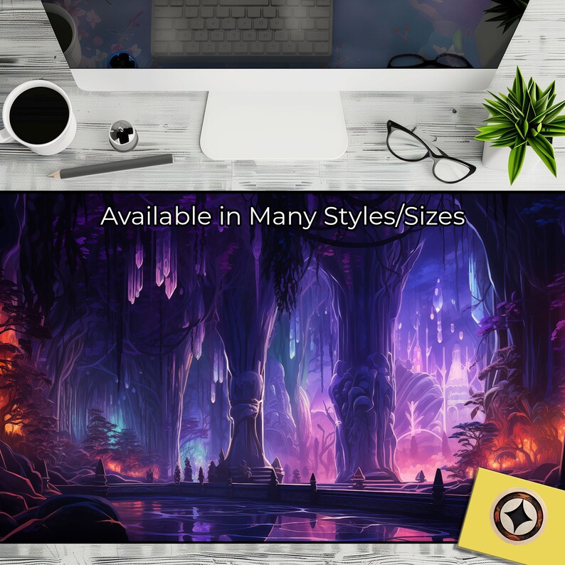 May include: A fantasy-themed mousepad with a purple and blue color scheme. The image depicts a glowing, crystal-filled cavern with trees and a pool of water. The text "Available in Many Styles/Sizes" is at the top of the image.