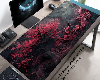 Dark Aesthetic Sakura Fantasy Desk Mat, Pink Sakura Mousepad Desk Pad, Oversized Desk Mat, Lofi Japanese Desk Decor, Extended Keyboard Pad