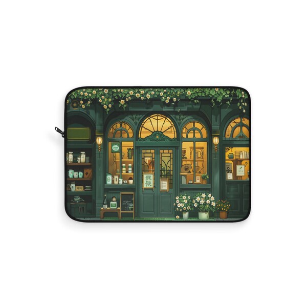 Kawaii Cute Coffee Shop, Green Aesthetic, Cute Laptop Sleeve or iPad Cover, Tablet Case, PC Computer Tote Bag