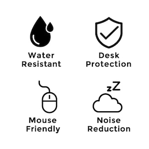 May include: Black and white icons with text indicating features. The icons include a water droplet labeled "Water Resistant", a shield with a checkmark labeled "Desk Protection", a computer mouse labeled "Mouse Friendly", and a cloud with "zZ" labeled "Noise Reduction".