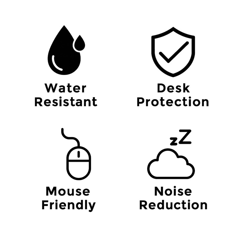 May include: Black and white icons with text indicating features. The icons include a water droplet labeled "Water Resistant", a shield with a checkmark labeled "Desk Protection", a computer mouse labeled "Mouse Friendly", and a cloud with "zZ" labeled "Noise Reduction".