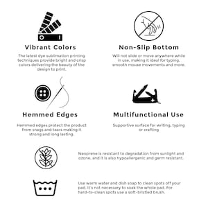 Basic product info chart.  Vibrant colors.  Nonslip Bottom, Multi-functional uses, easy to clean, hypoallergenic.