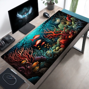 Ocean Schreibtischmatte, Atemberaubende Korallen Sea Life Szene, großes Mousepad, großes Mauspad, Strand Mausmatte, Nautische Schreibtischunterlage, Gaming Schreibtisch Dekor