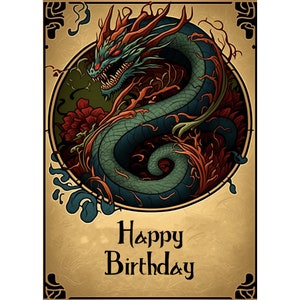 Japanischer Drache Geburtstagskarte - 5x7 "Design - Instant Download - Print at Home - Individuell - Personalisierbar