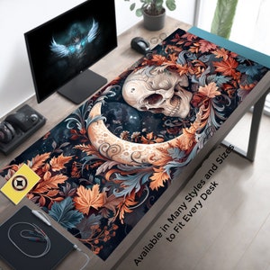 Skull and Crescent Moon, Light Gothic Desk Decor, Skull Mouse Pad Desk Mat XL, XXL Mousepad, Gaming Mousemat, Goth Desk Pad