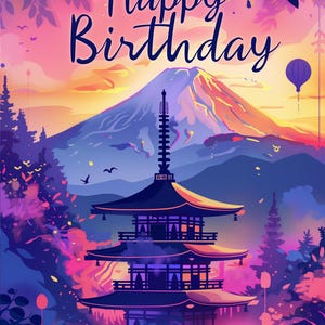 Cartão de feliz aniversário japonês Mt Fuji Sunset - Cartão de download instantâneo - Design de cartão para impressão em casa