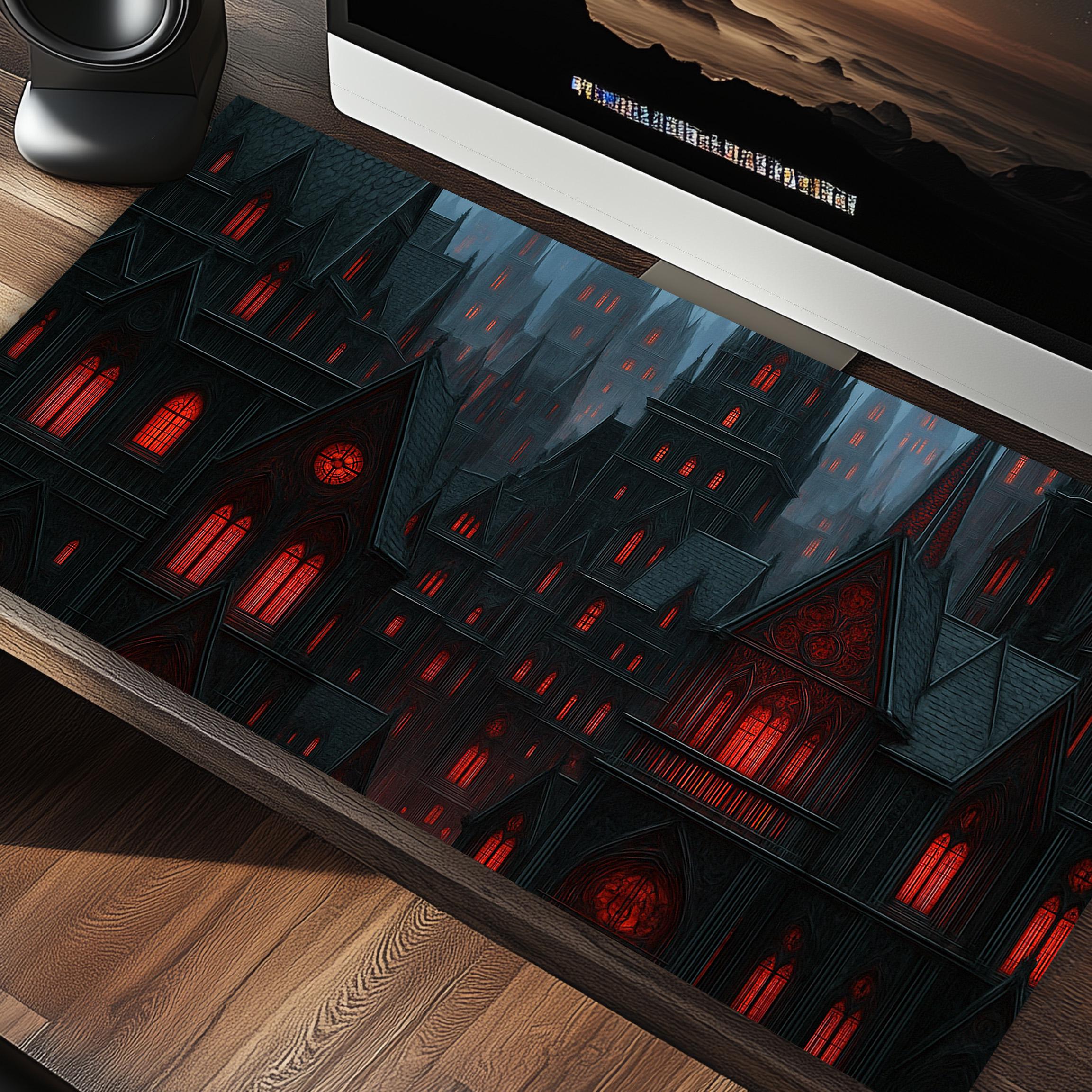 Gothic Town at Night with Red Windows Dark Aesthetic Gothic Desk Pad Mousepad XL - Gothic Desk Decor - Dark and Moody Desk Mat