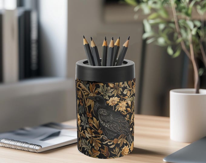 Medieval Floral Crow Pencil Holder - Medieval Desk Decor - Crow Desk Accessory - Office Gifts - Cute Desk Organizer