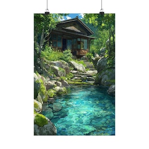 Casa di montagna giapponese serena e appartata con ruscello gorgogliante - Poster ispirato agli anime, stampa artistica per camera da letto, ufficio, soggiorno e altro ancora