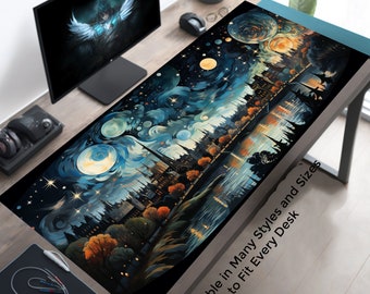 Gaming Desk Decor, Fantasy Celestial City Skyline and Riverside View, Aesthetic Desk Mat, Gamer Mouse Pad XL, Artful Mousepad XXL