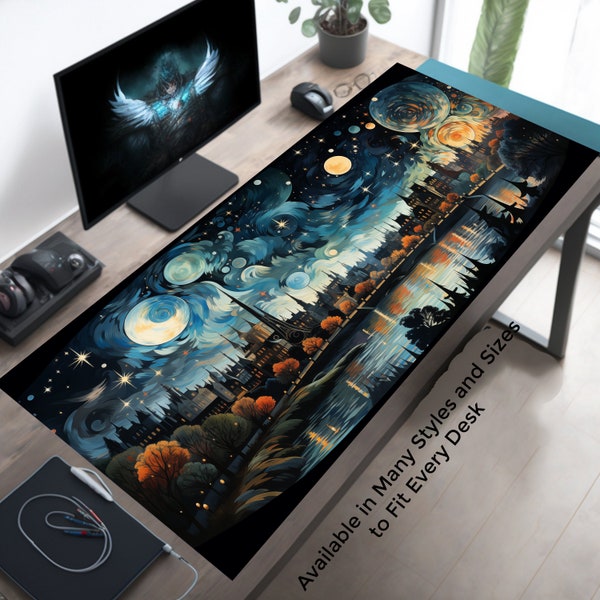 Gaming Desk Decor, Fantasy Celestial City Skyline and Riverside View, Aesthetic Desk Mat, Gamer Mouse Pad XL, Artful Mousepad XXL