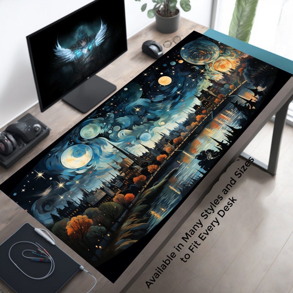 Gamingbureaudecor, Fantasy Celestial City skyline en uitzicht op de rivier, esthetische bureaumat, gamermuismat XL, kunstzinnige mousepad XXL