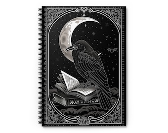 May include: A black and white illustration of a raven perched on a book with the words "MOW'S FINCH" on the cover. The raven is facing right and has its wings spread. The background is a black sky with a crescent moon and stars.