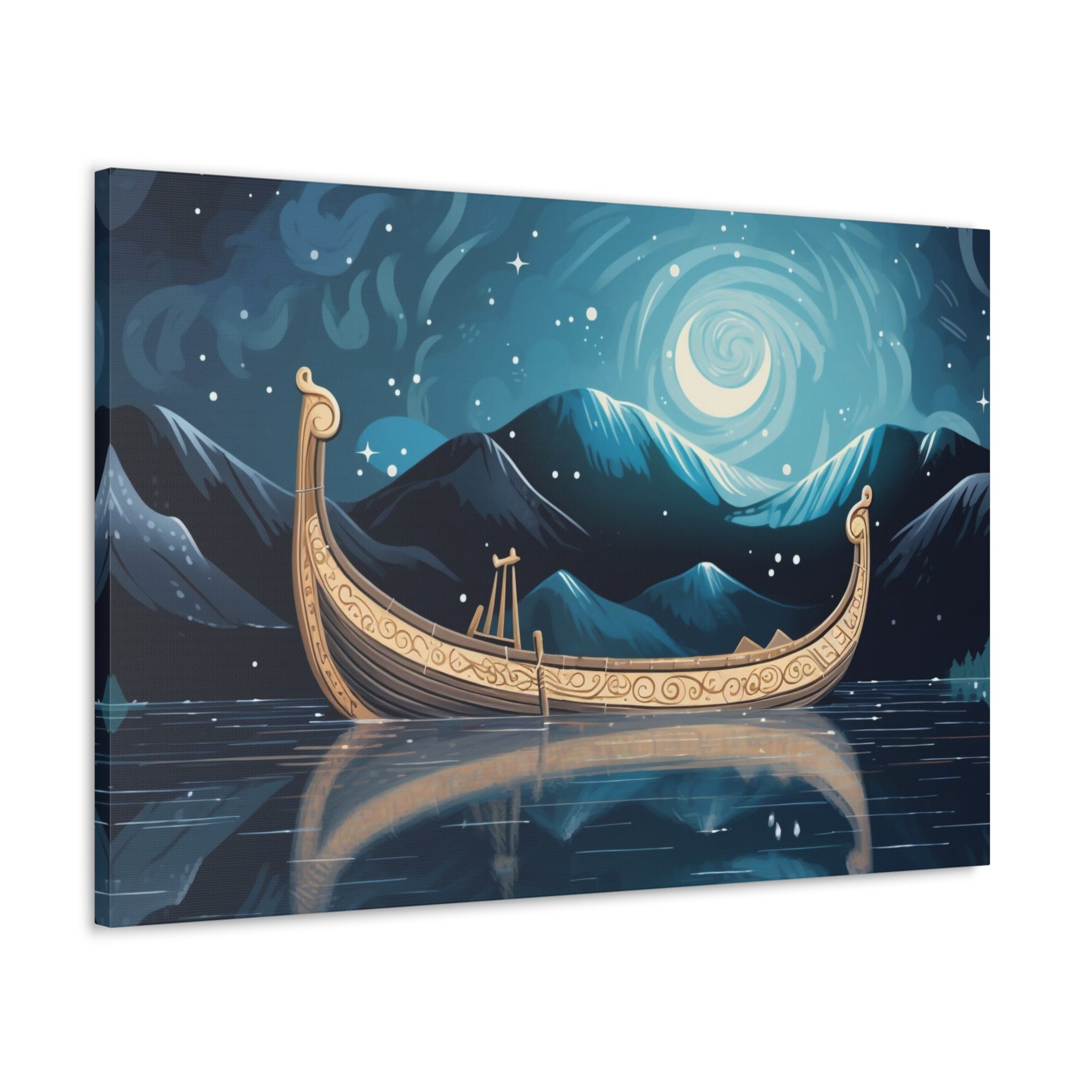 Viking Longboat Under Crescent Moon in a Nordic Fjord Canvas Art