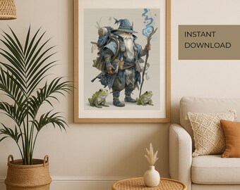 Frog Wizard Printable Poster – Fantasy Gnome Mage Wall Art, Instant Download