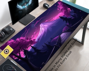 Japanese Fuji Sakura Cherry Blossom Desk Mat, Fuji Desk Mat Purple Blue Mousepad, Mountain landscape, XXL large gaming deskmat mouse pad