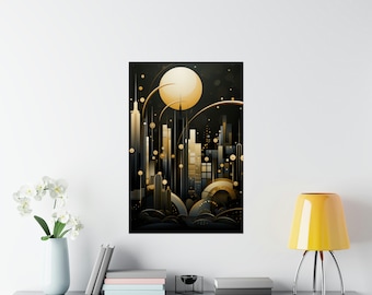 Abstrakte Art Deco Stadtansicht Poster Kunstdruck, Art Deco Wandkunst, stilisierte Stadt Poster, Wohnzimmer Wanddekor, Schlafzimmer Kunst, Frameable