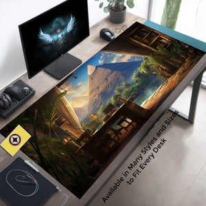 May include: A large desk mat with a colorful image of a desert landscape with pyramids, palm trees, and a wooden table with chairs. The text "Available in Many Styles and Sizes to Fit Every Desk" is printed on the bottom right corner of the mat.