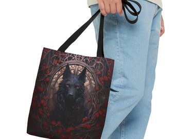Gothic Black Wolf Tote Bag, Gothic Travel Bag, Multi-Size Beach Tote Bag, Wolf Tote Bag, Goth Tote Bag, Over the Shoulder Bag