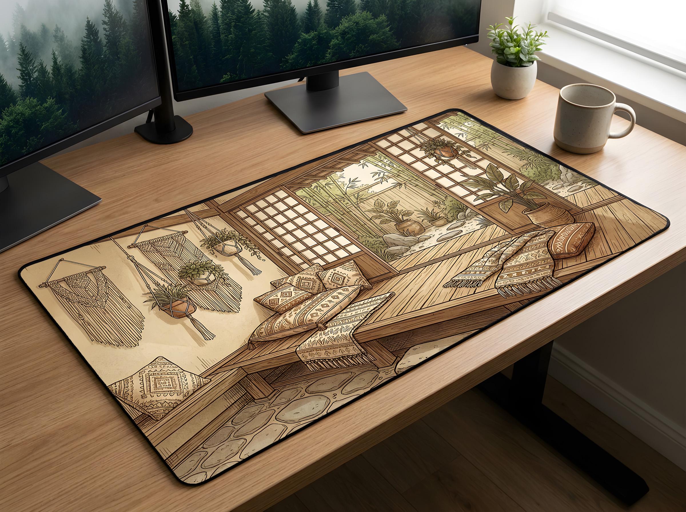 Cozy Zen Indoor Garden Desk Mat | Japanese Tea Room Illustration