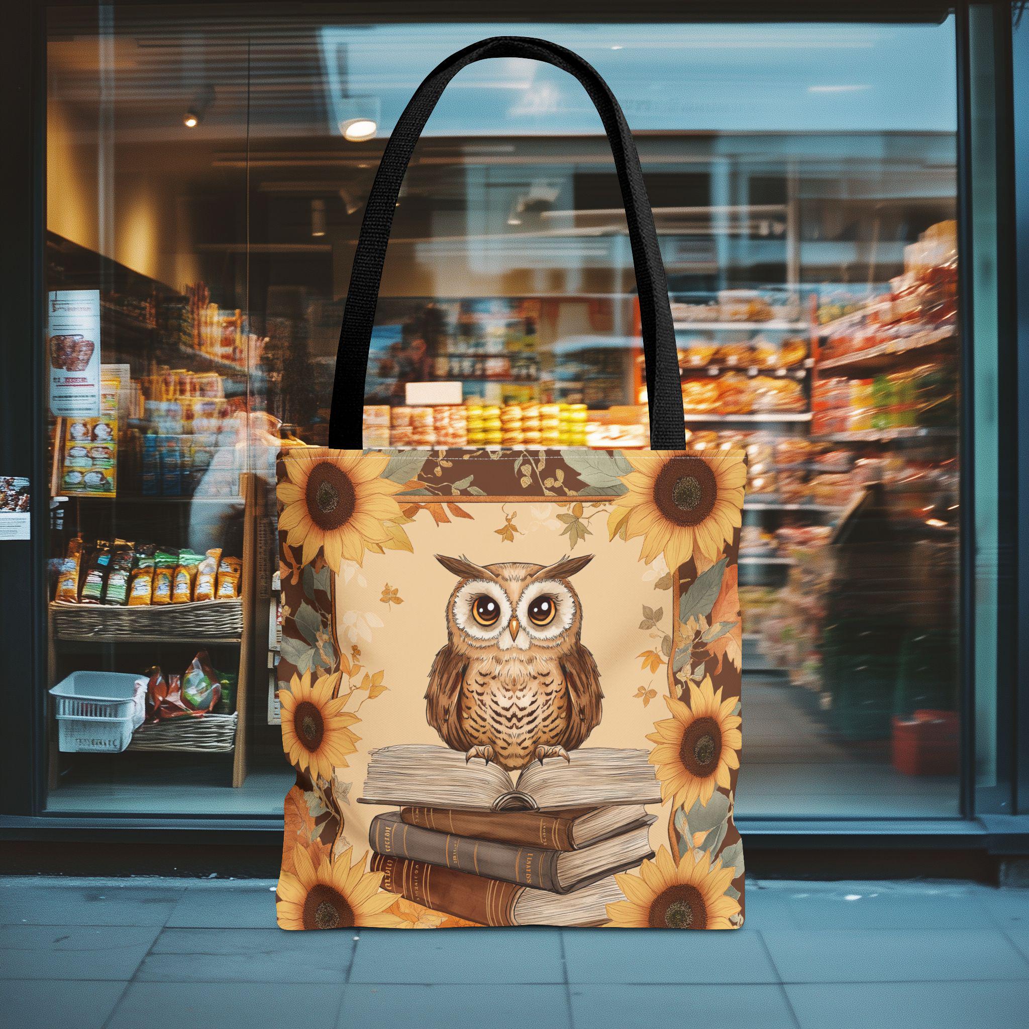 Books, Owl & Sunflowers Tote Bag - Reusable Shopping Bag - Travel Bag - Beach Bag - Gift for Wif