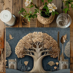May include: A placemat with a detailed illustration of a large tree with a full canopy, set against a dark blue background with a floral pattern. The design includes stylized buildings and birds. A knife and spoon are placed on the placemat, with a candle, flowers, and a glass nearby.