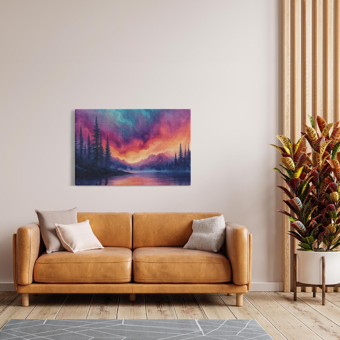 Serene Mountain Lake Artisan Aurora - Large Canvas Wall Art - Art Print ...