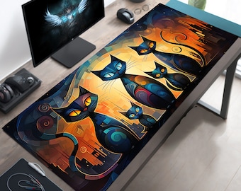Artisan Cubist Cute Cats Desk Mat, Cute Mouse Pad, Cat Mousepad, Gift for Cat Lovers, Cat Mom Gifts, Cat Dad Gifts