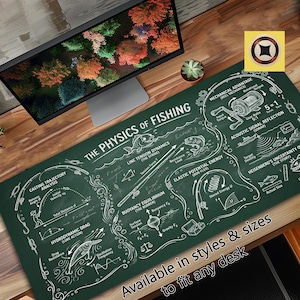 Op de afbeelding: Groene bureaumat met witte illustraties en tekst over de natuurkunde van het vissen. De mat bevat diagrammen, vergelijkingen en de tekst "THE PHYSICS OF FISHING". Verkrijgbaar in verschillende maten.