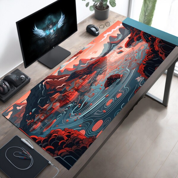 Kawaii Viking Fjord Desk Mat - XL Mousepad, Nordic Desk Pad, Cute Gaming Accessory, XXL Deskmat, Aesthetic Landscape Design
