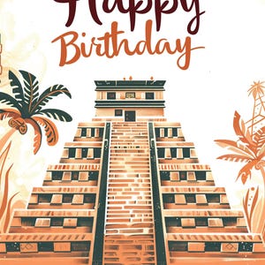 Cartão de Feliz Aniversário Inspirado em Pirâmide Asteca, Cartão de Aniversário, Cartão Digital para Imprimir em Casa, Download Instantâneo, Cartão de Amantes Astecas