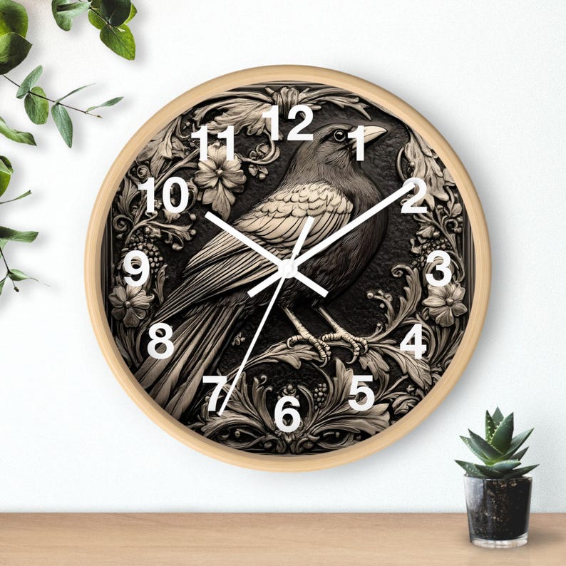 Art Nouveau Gothic Crow 10" Round Wall Clock - Wooden Case - Battery Operated - Silent Mechanism - Cute Home Decor Gift for Mom image 2