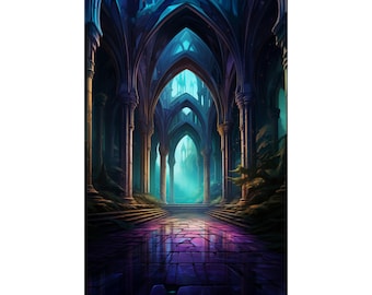 Poster envoûtant d'arche gothique mystique, art mural architecture gothique, décoration d'intérieur enchantée, art gothique de chambre à coucher