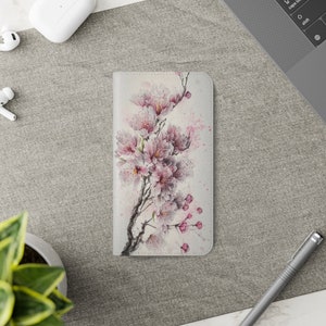 Funda tipo folio para iPhone con diseño de flor de cerezo japonesa - Billetera para iPhone - Funda Galaxy - Funda con tapa para iPhone o Galaxy - Cuero vegano
