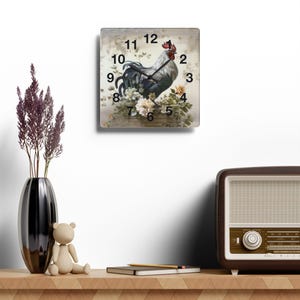 Acrylic Wall Clock Featuring Rustic Farm Rooster and Flowers - Cottagecore Chicken Clock - Square or Round Wall Clock - Farm Home Decor