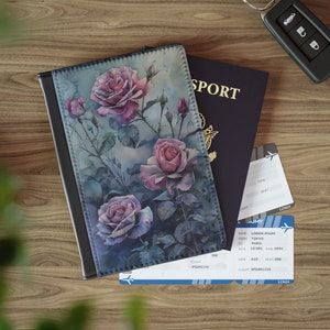 Rosas góticas en acuarela, funda para pasaporte de estilo cottagecore oscuro, billetera para pasaporte de estilo brujo, estuche para pasaporte