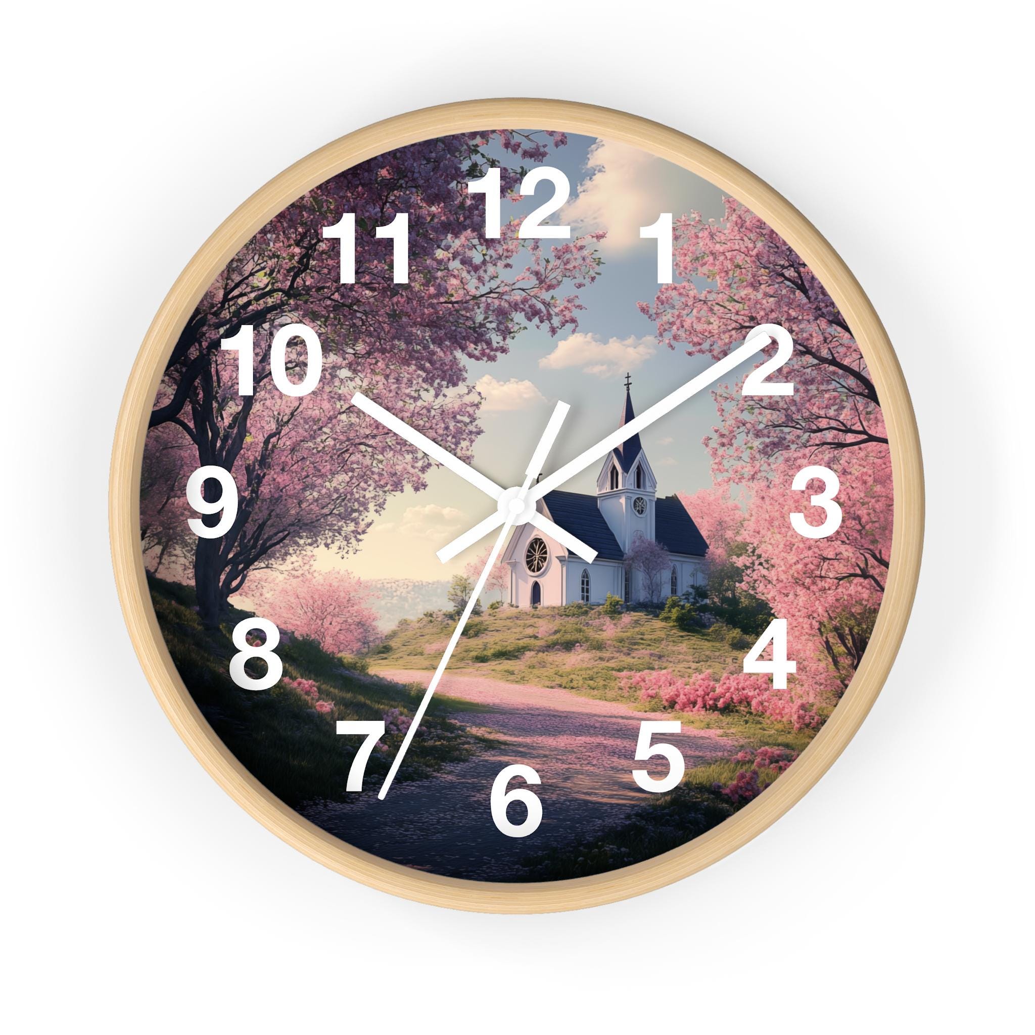 Springtime Country Church Round Wall Clock for Home, Office of Church ...