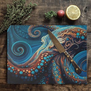 Glass Cutting Board, Octopus Kitchen Decor, Beach Home Kitchen, Unique Kitchen Accessory,Octopus Cutting Board, Veg Cutting Board, Chef Gift image 17