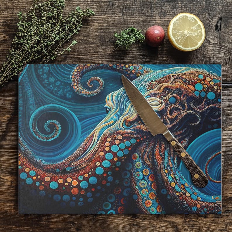 Glass Cutting Board, Octopus Kitchen Decor, Beach Home Kitchen, Unique Kitchen Accessory,Octopus Cutting Board, Veg Cutting Board, Chef Gift image 17