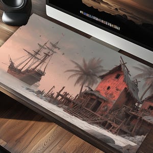 Vintage Piratenschiff & Tropisches Dorf Schreibtischmatte - Nautische Strand Büro Deko, Adventure Gaming Mousepad