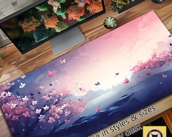 Tapete de escritorio con acuarela en rosa pastel y azul estético, funda grande, protector de escritorio extendido, almohadilla para teclado XL, tapete para laptop con temática de anime.