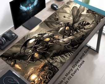 Pode incluir: Um grande tapete de rato de estilo steampunk detalhado que apresenta uma criatura metálica com forma de inseto com olhos amarelos brilhantes. O tapete de rato tem um esquema de cores castanho e cinzento e uma superfície texturizada. O texto "Disponível em muitos estilos e tamanhos para se adaptar a cada secretária" está impresso no canto inferior direito do tapete de rato.