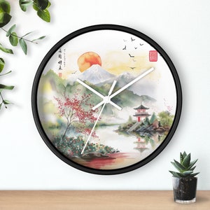 Round Wall Clock Featuring Watercolor Style Japanese Landscape - Kitchen Clock - Room Clock - Office Clock - Dorm Clock