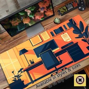 Puede incluir: Alfombrilla de escritorio naranja con un diseño de escena de oficina estilizada. La alfombrilla presenta un escritorio, una silla, una computadora y otros elementos de oficina en tonos naranja y azul. El texto en la alfombrilla dice "Disponible en estilos y tamaños para adaptarse a cualquier escritorio."