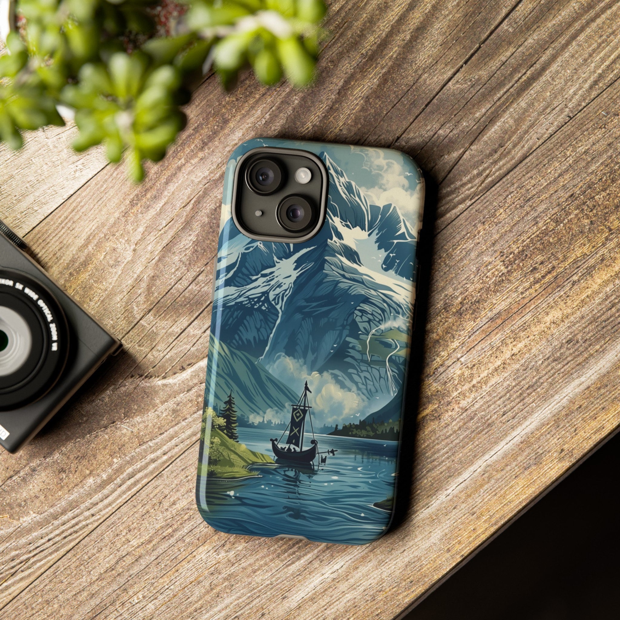 Viking Longboat Phone Case with Nordic Mountain Scenery